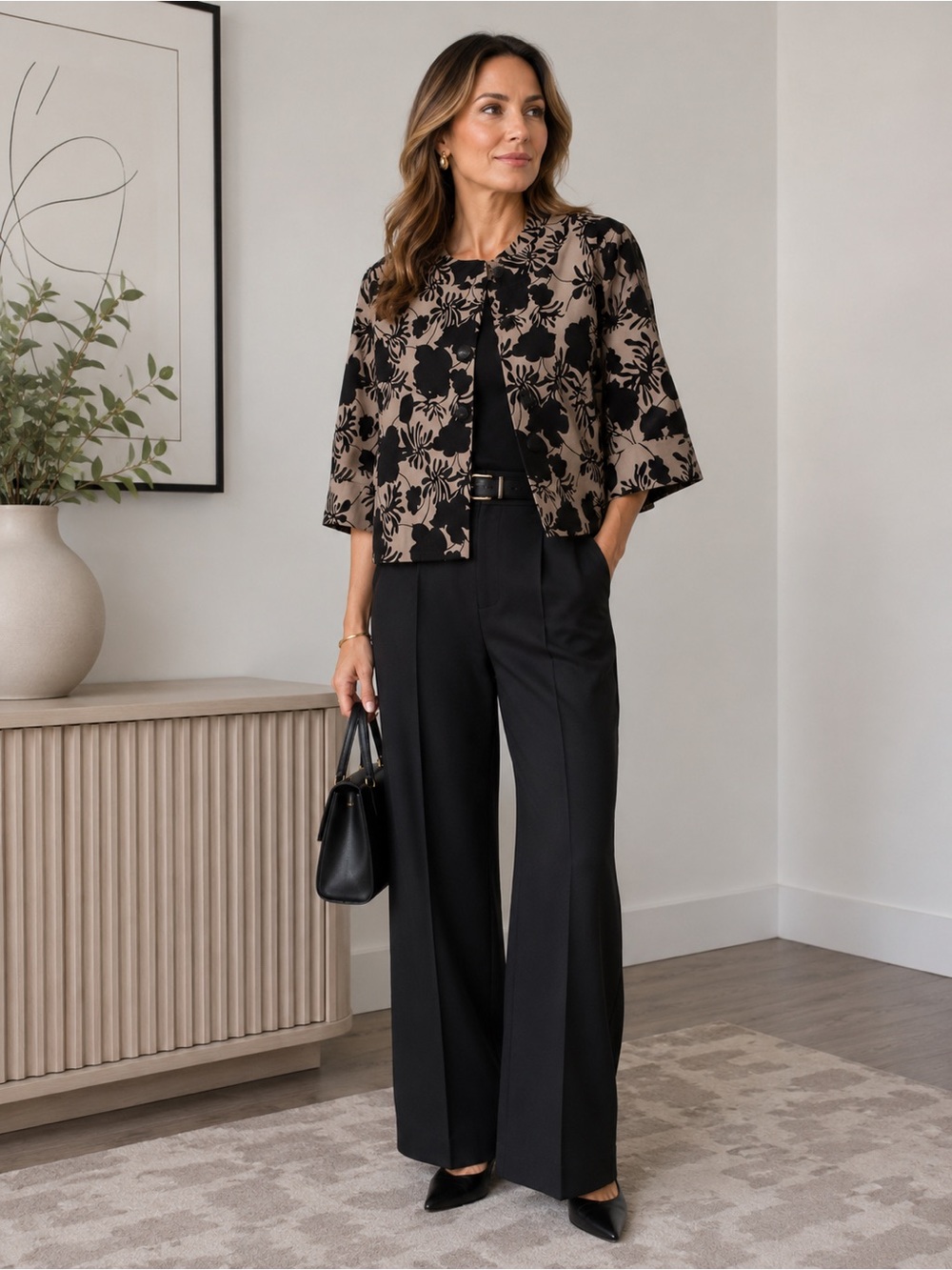 Women's Black Floral Pattern Boxy Blazer Jacket